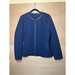 Chicos Quilted Jacket Navy Blue Leather Trim‎ Zip Front Women Size 12